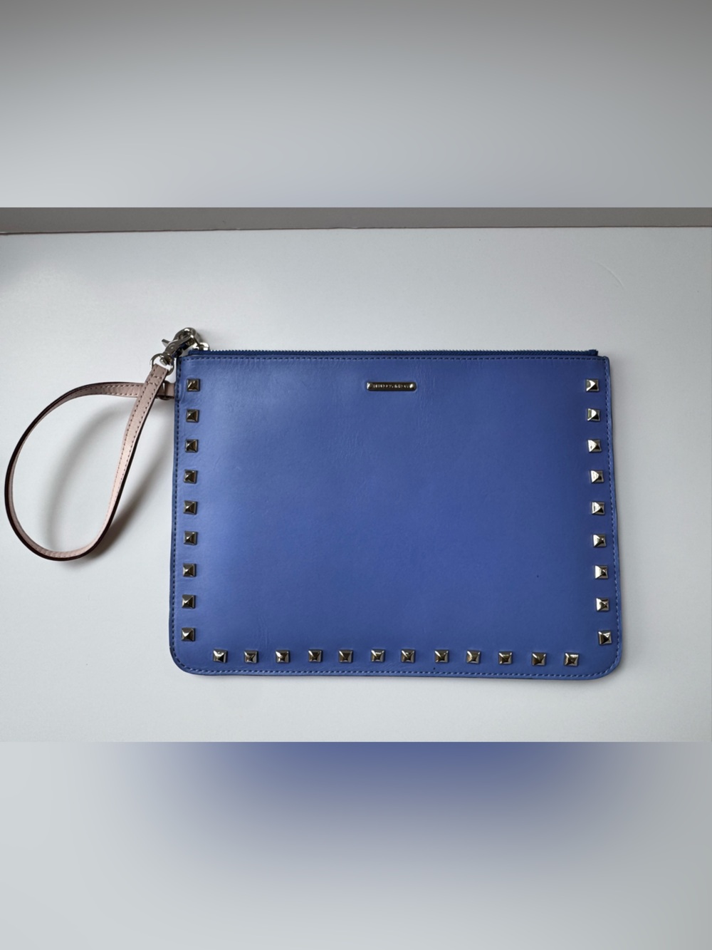 Rebecca Minkoff Leather Zip Tablet Pouch Clutch Wristlet Blue with Silver Studs